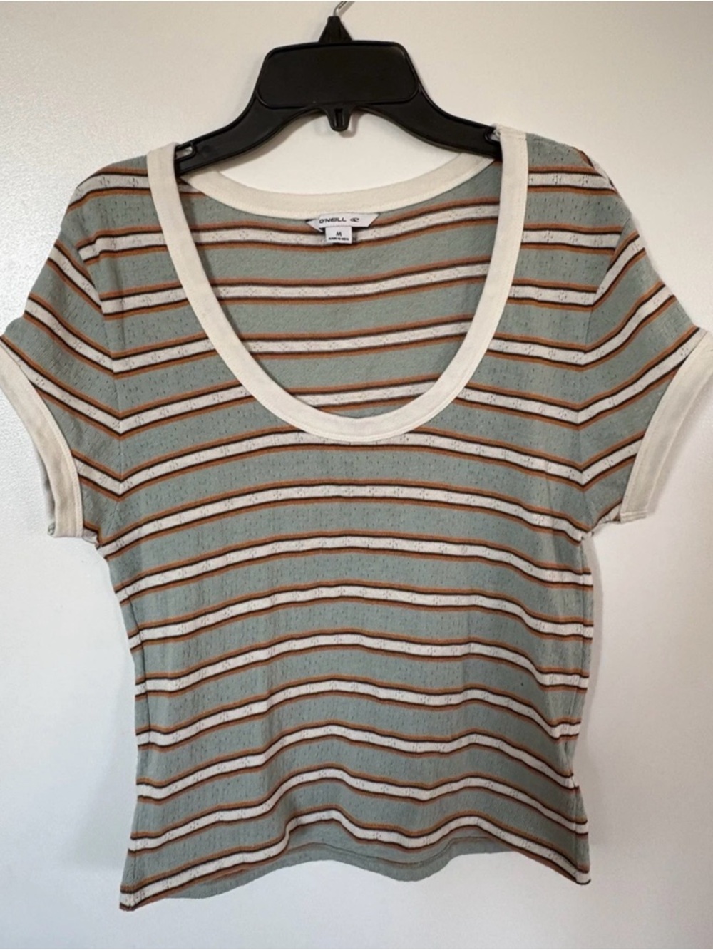 O'Neill Sage Green Striped Scoop Neck Tee with Cream Trim